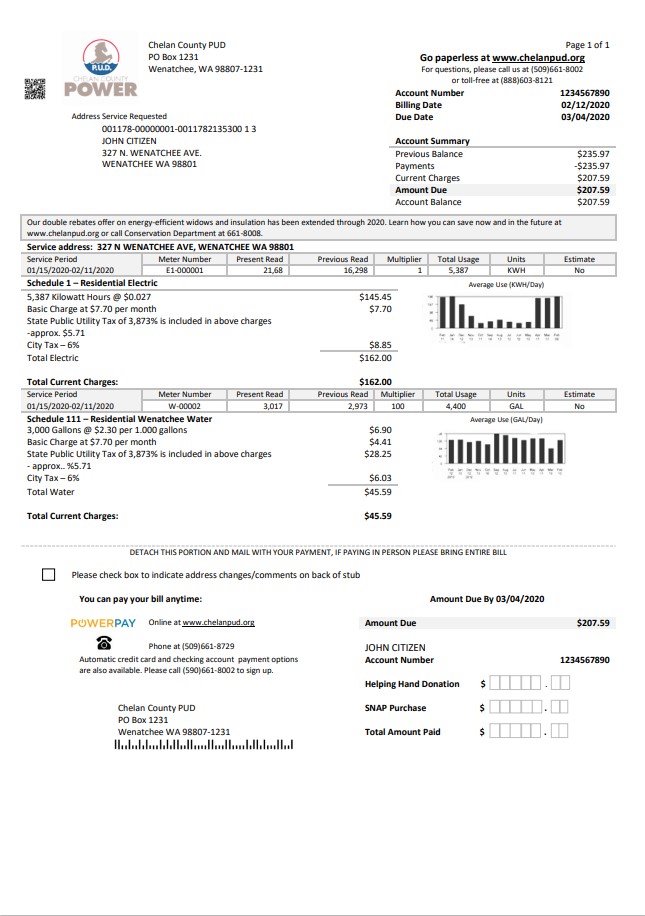 USA Washington Chelan County PUD utility bill template in Word and PDF format